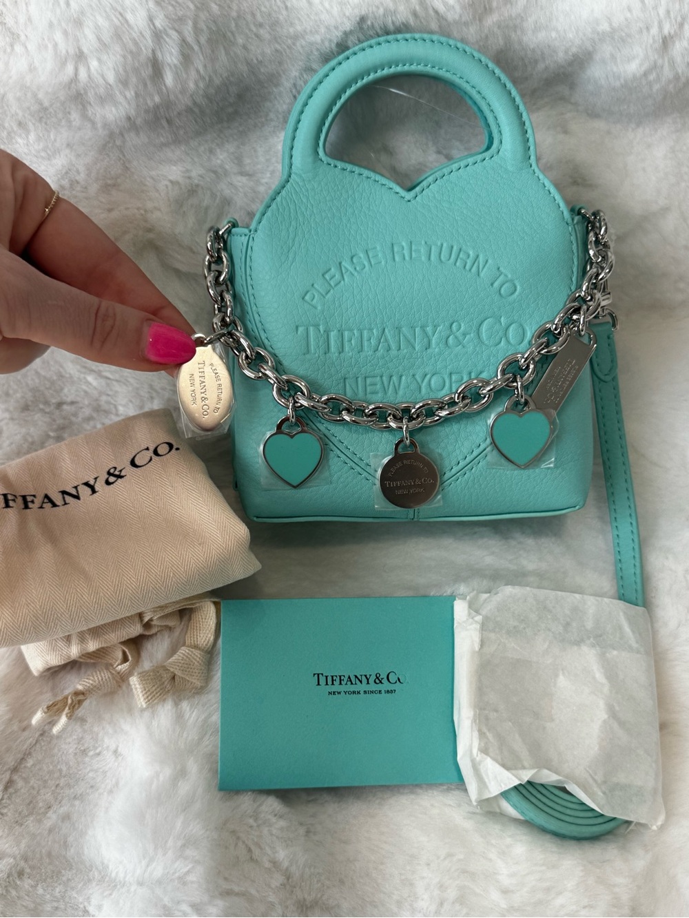 Tiffany & Co. Light Blue Heart Mini Bag with chain and charms and for crossbody